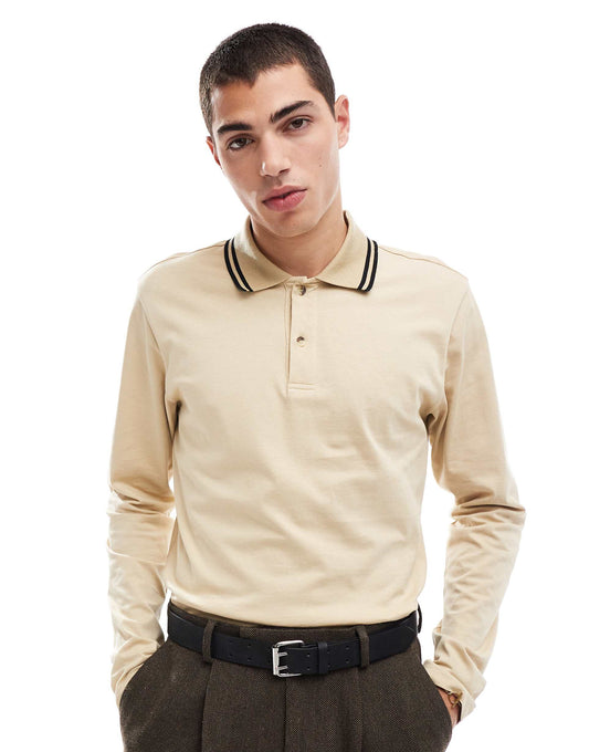 Long Sleeve Polo T-Shirt With Collar Tipping