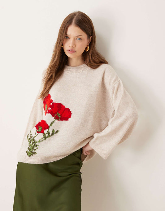 Fluffy Boxy Jumper With Floral Design