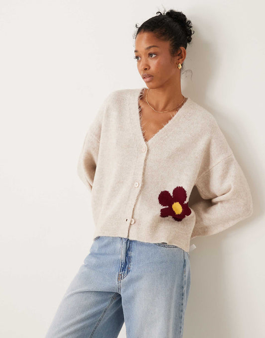 Knitted Fluffy Cardigan With Flower Design