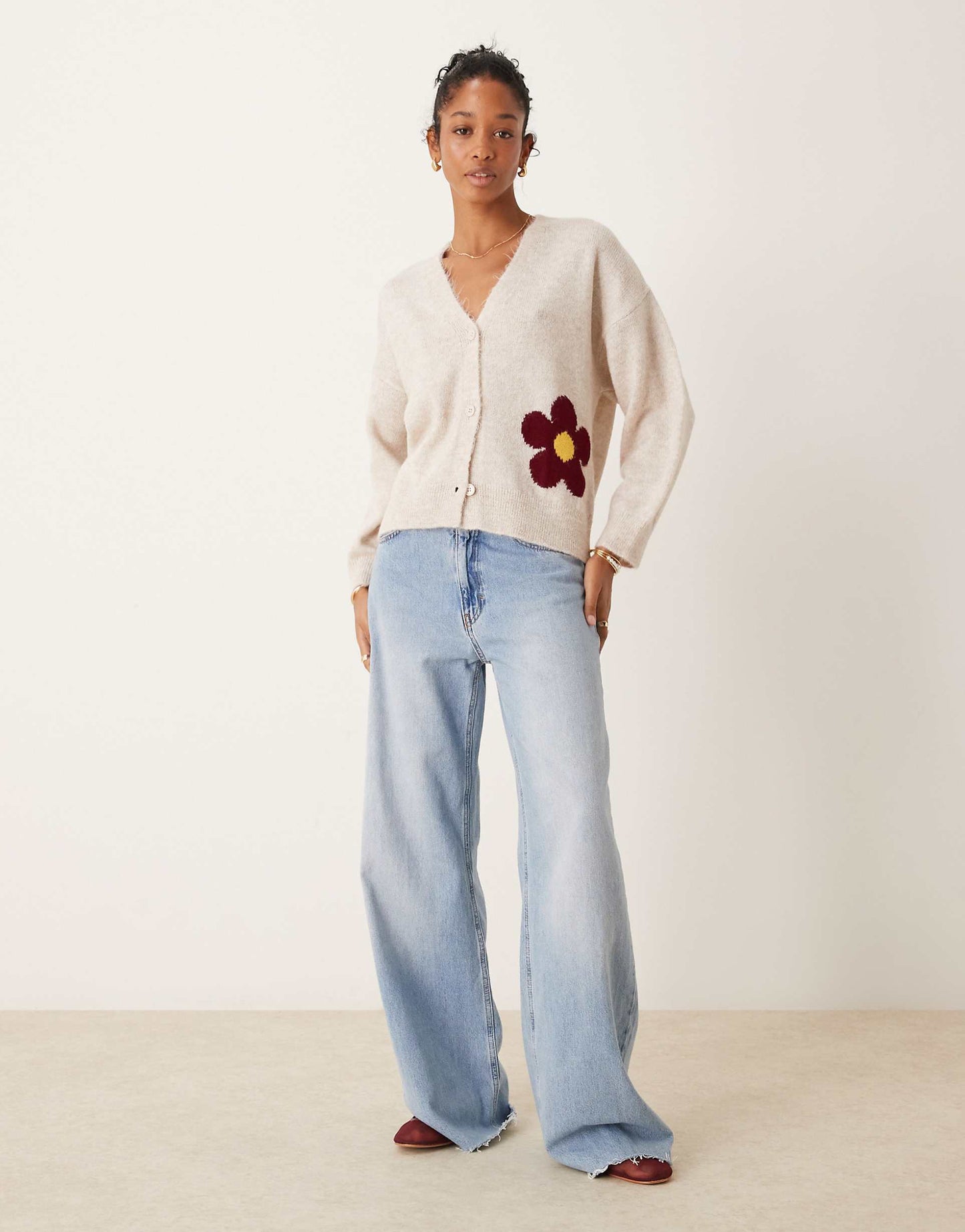 Knitted Fluffy Cardigan With Flower Design