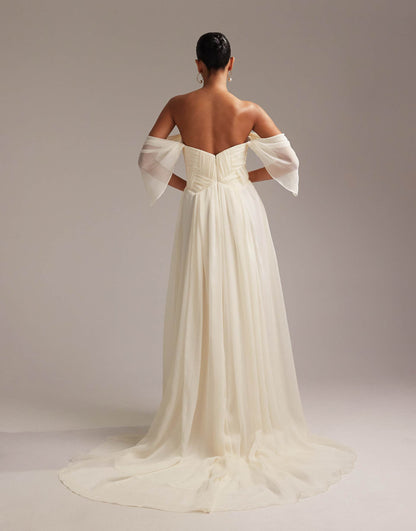 Pleated Corset Maxi Wedding Dress With Draped Sleeves