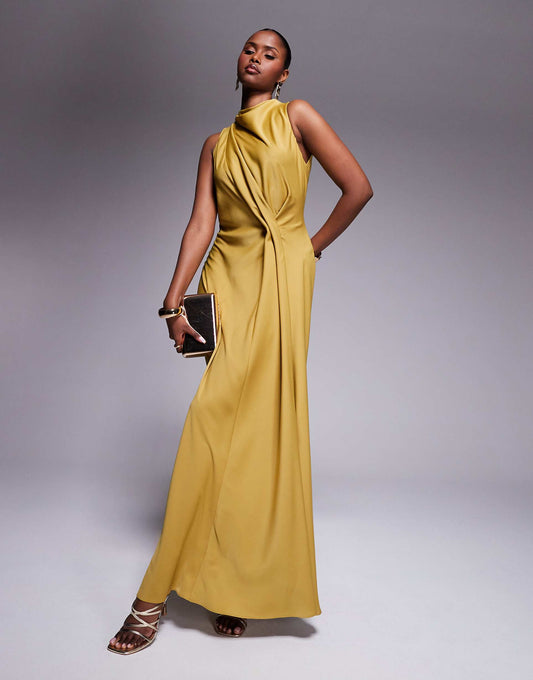 High Neck Drape Maxi Satin Dress With Tucked Detail