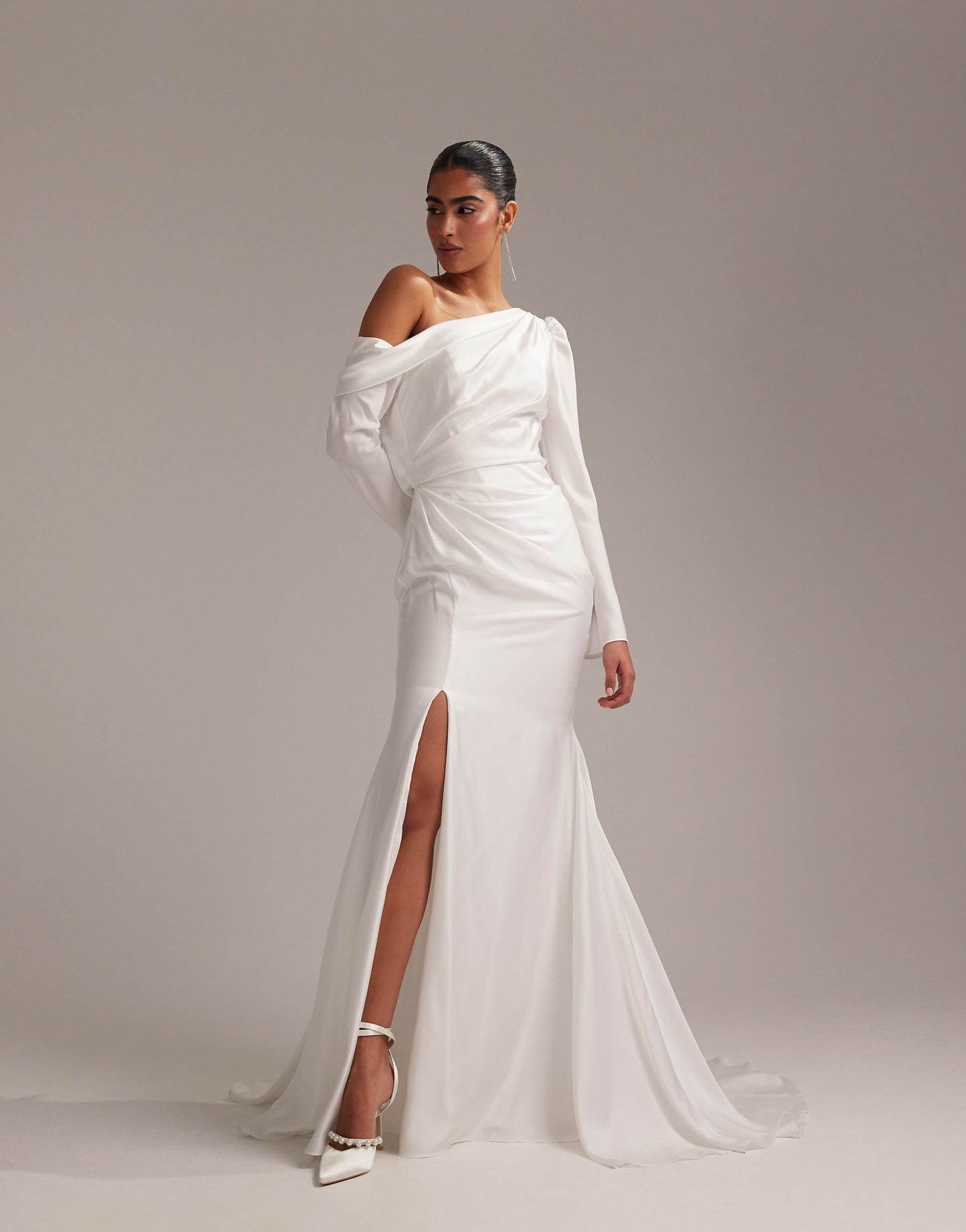 Draped One Shoulder Satin Wedding Maxi Dress