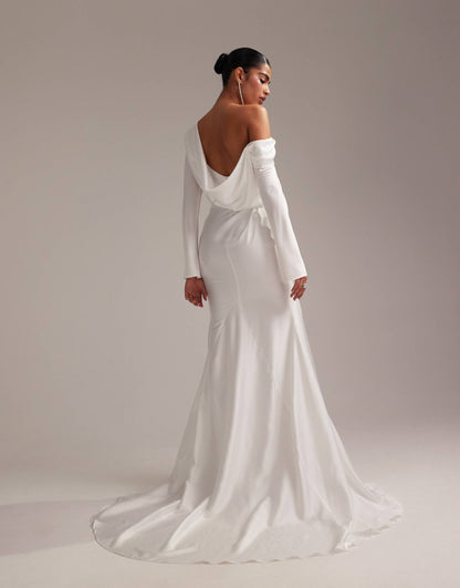 Draped One Shoulder Satin Wedding Maxi Dress