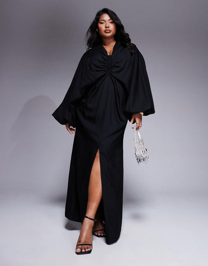 Curve Plunge Elasticated Maxi Dress With Blouson Sleeve