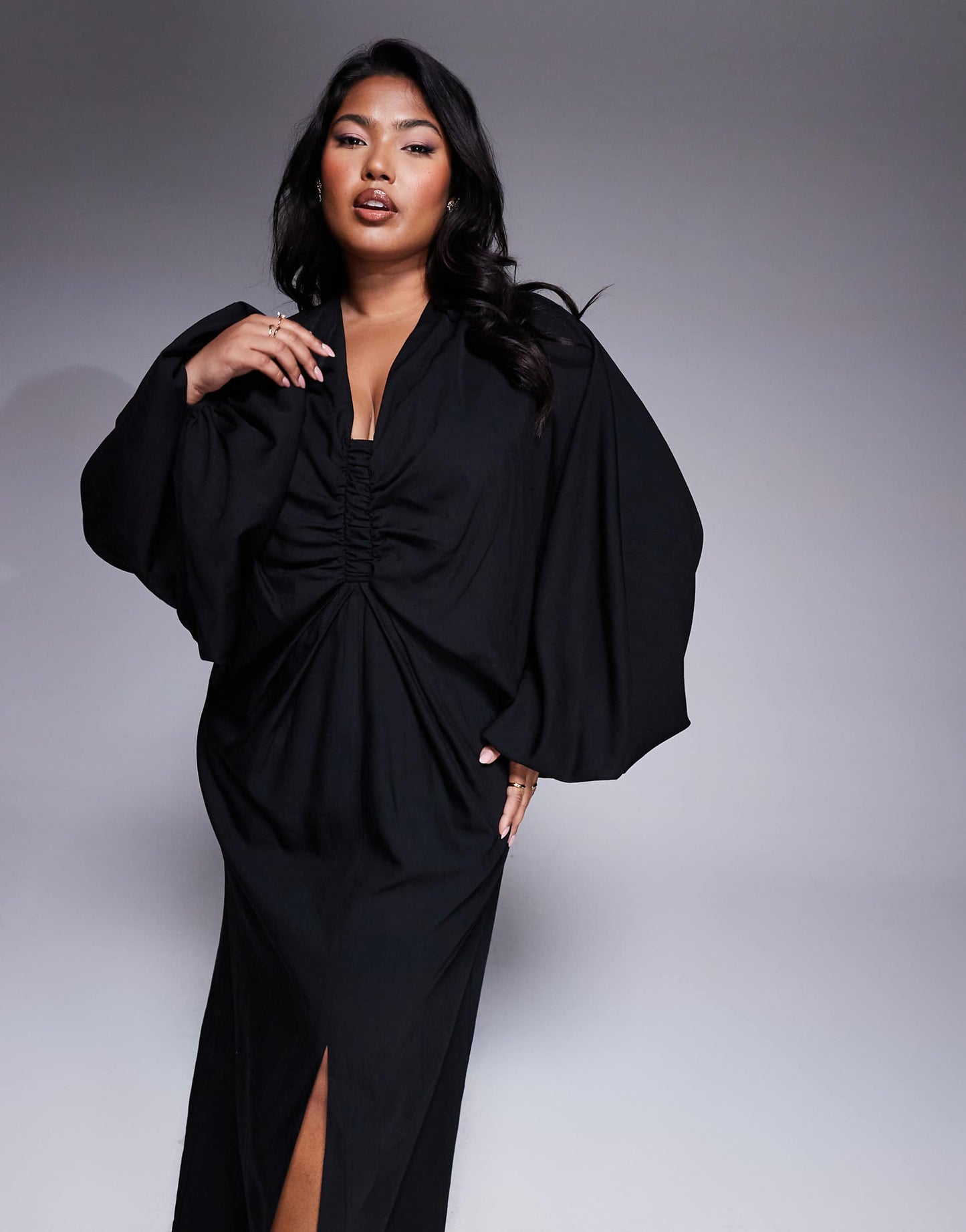 Curve Plunge Elasticated Maxi Dress With Blouson Sleeve