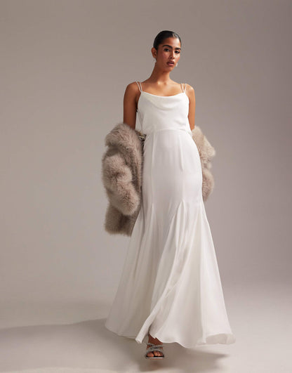 Cowl Neck Satin Cami Maxi Wedding Dress With Godets