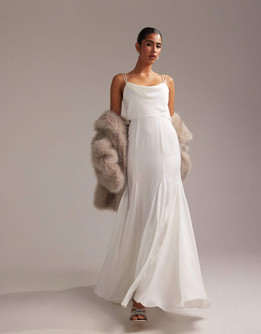 Cowl Neck Satin Cami Maxi Wedding Dress With Godets