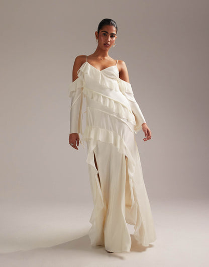 Satin Chiffon Mix Ruffle Cold Shoulder Maxi Dress