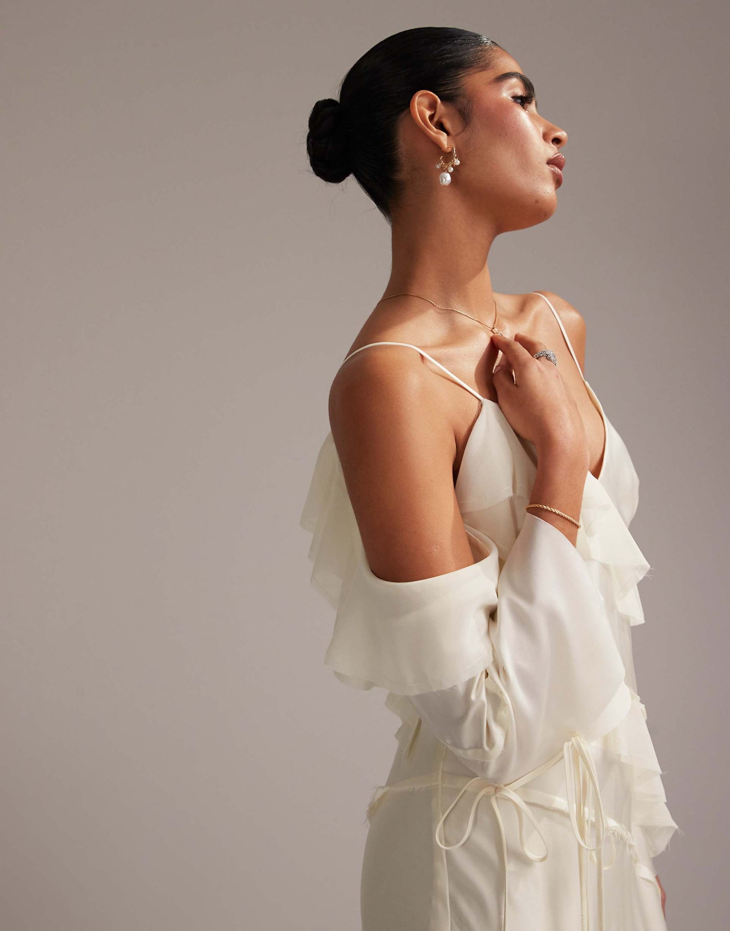 Satin Chiffon Mix Ruffle Cold Shoulder Maxi Dress