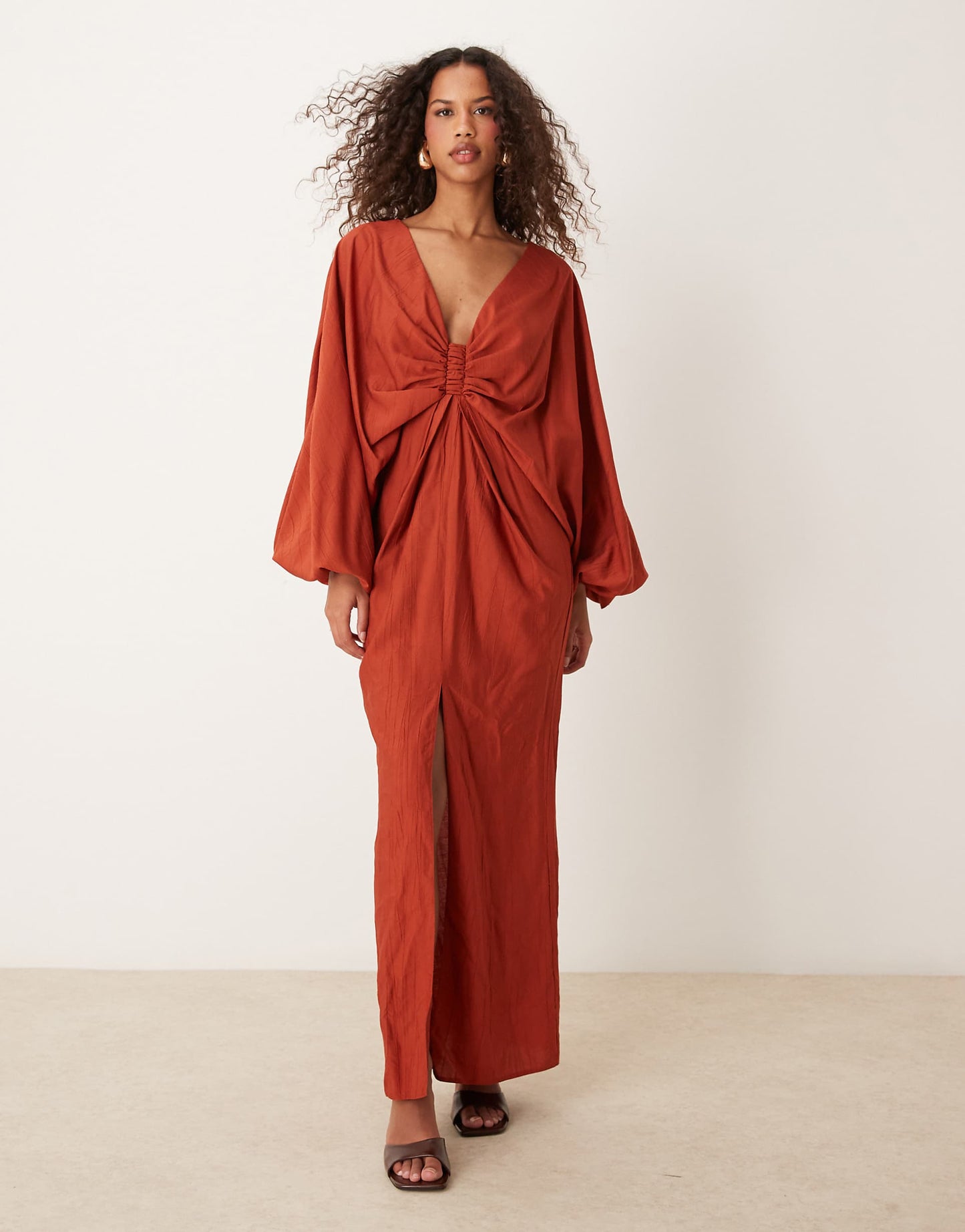 Plunge Ruched Bust Maxi Dress With Blouson Sleeve