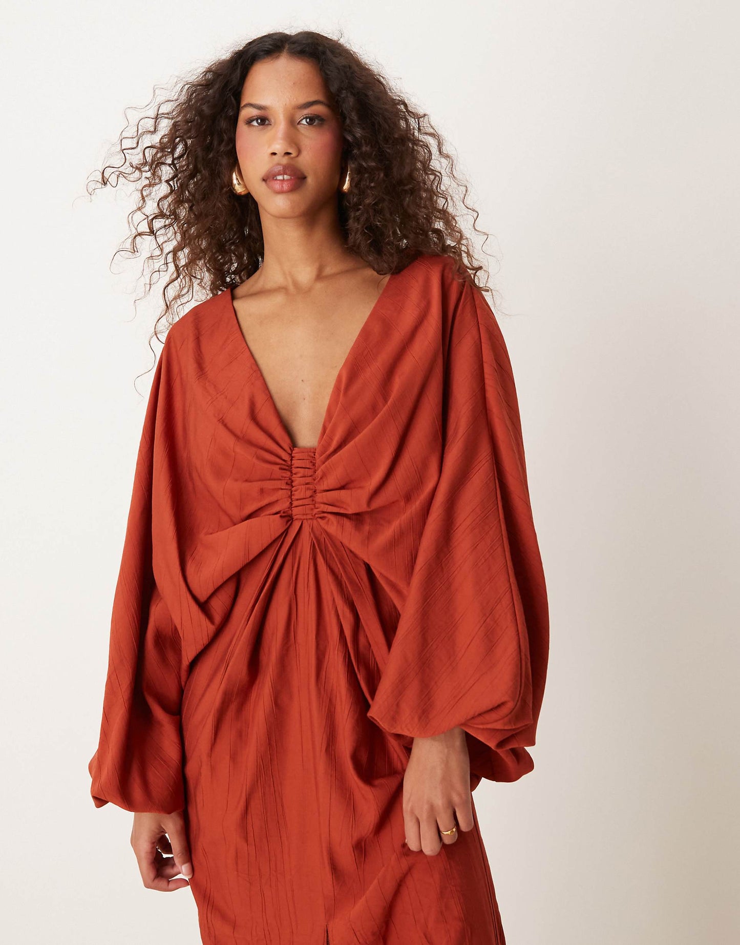 Plunge Ruched Bust Maxi Dress With Blouson Sleeve