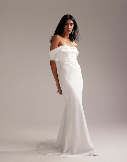 Bardot Draped Satin Maxi Wedding Dress