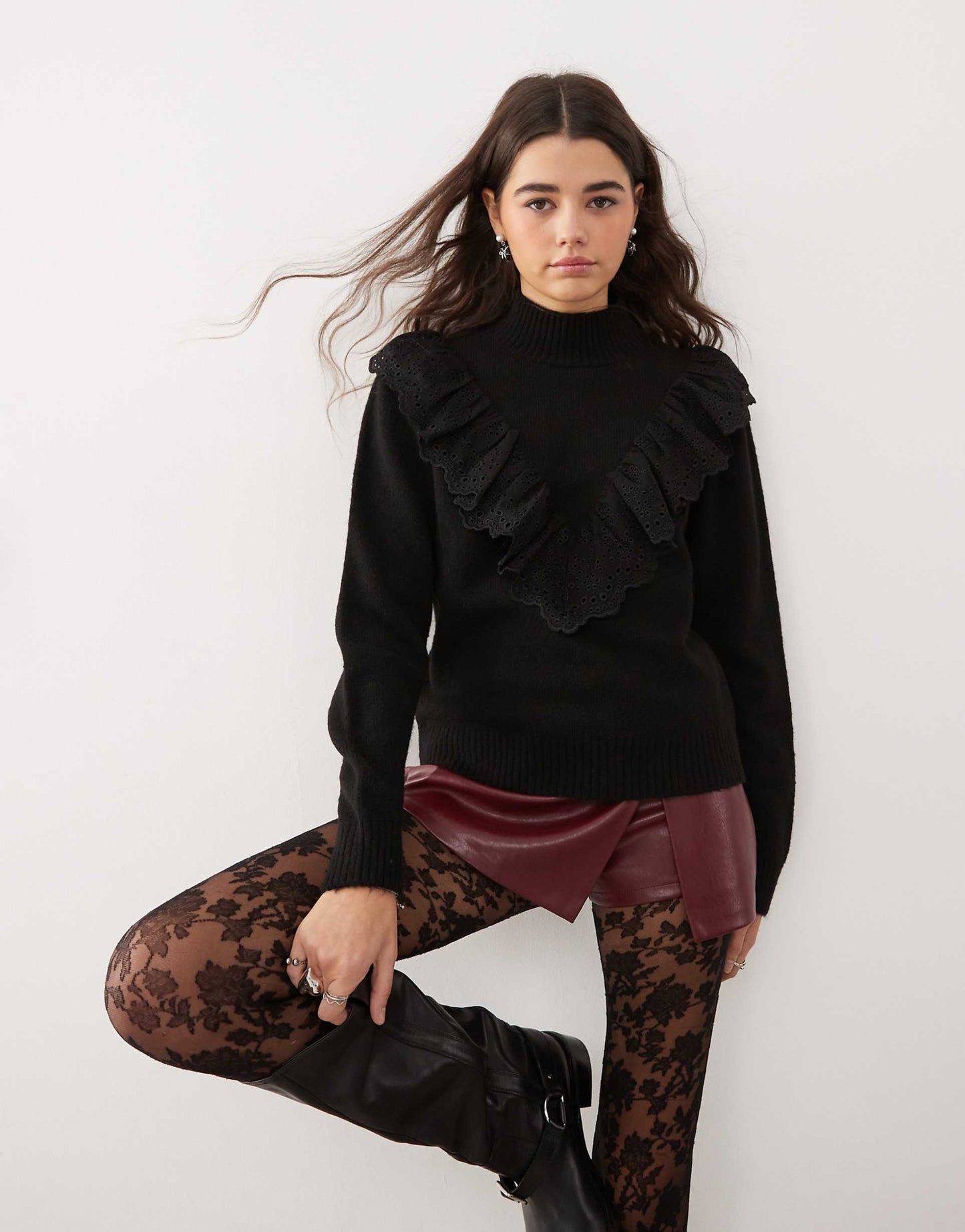 Long Sleeve Knitted Jumper With Broderie Trim