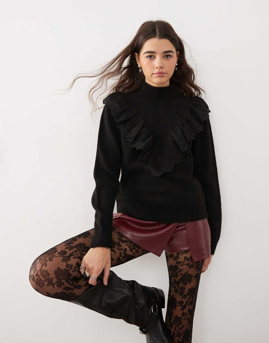Long Sleeve Knitted Jumper With Broderie Trim