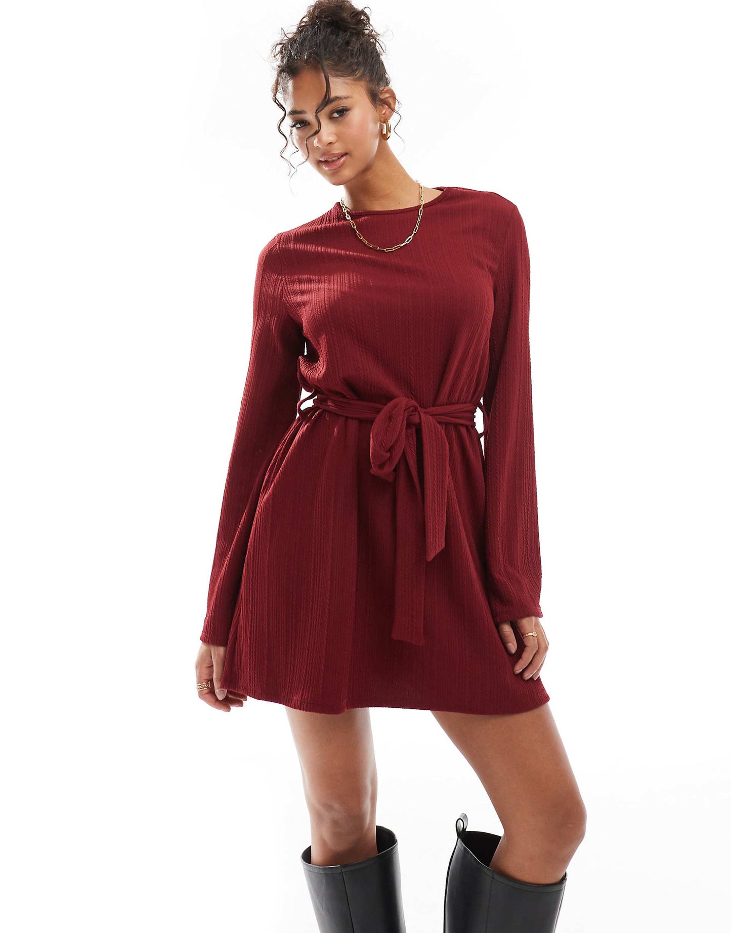 Cable Knit Mini Dress With Tie Waist