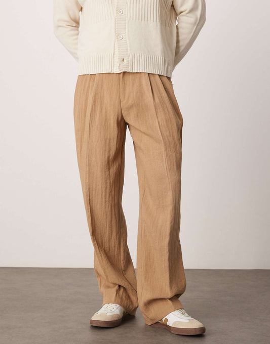 Smart Wide Leg Linen Look Trousers With Double Pleats