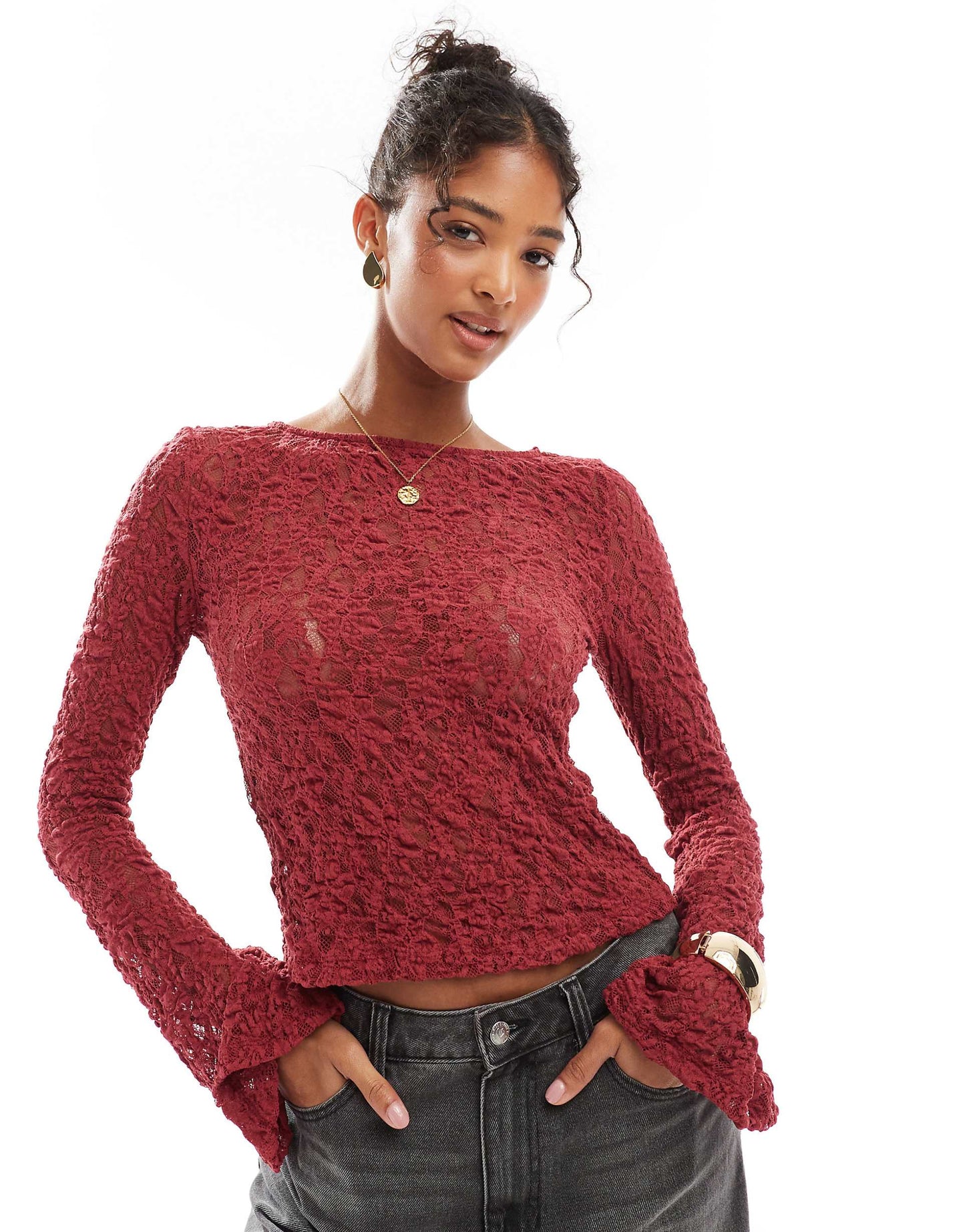 Flute Sleeve Long Sleeve Lace Top