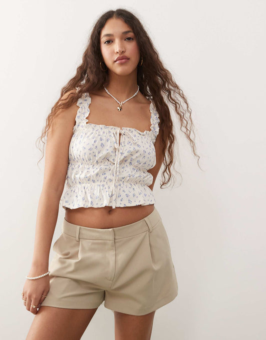 Shirred Tie Front Top