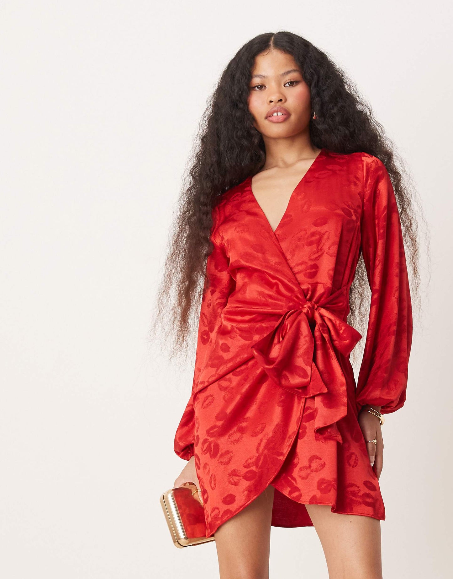 Petite Lip Embossed Satin Wrap Mini Dress