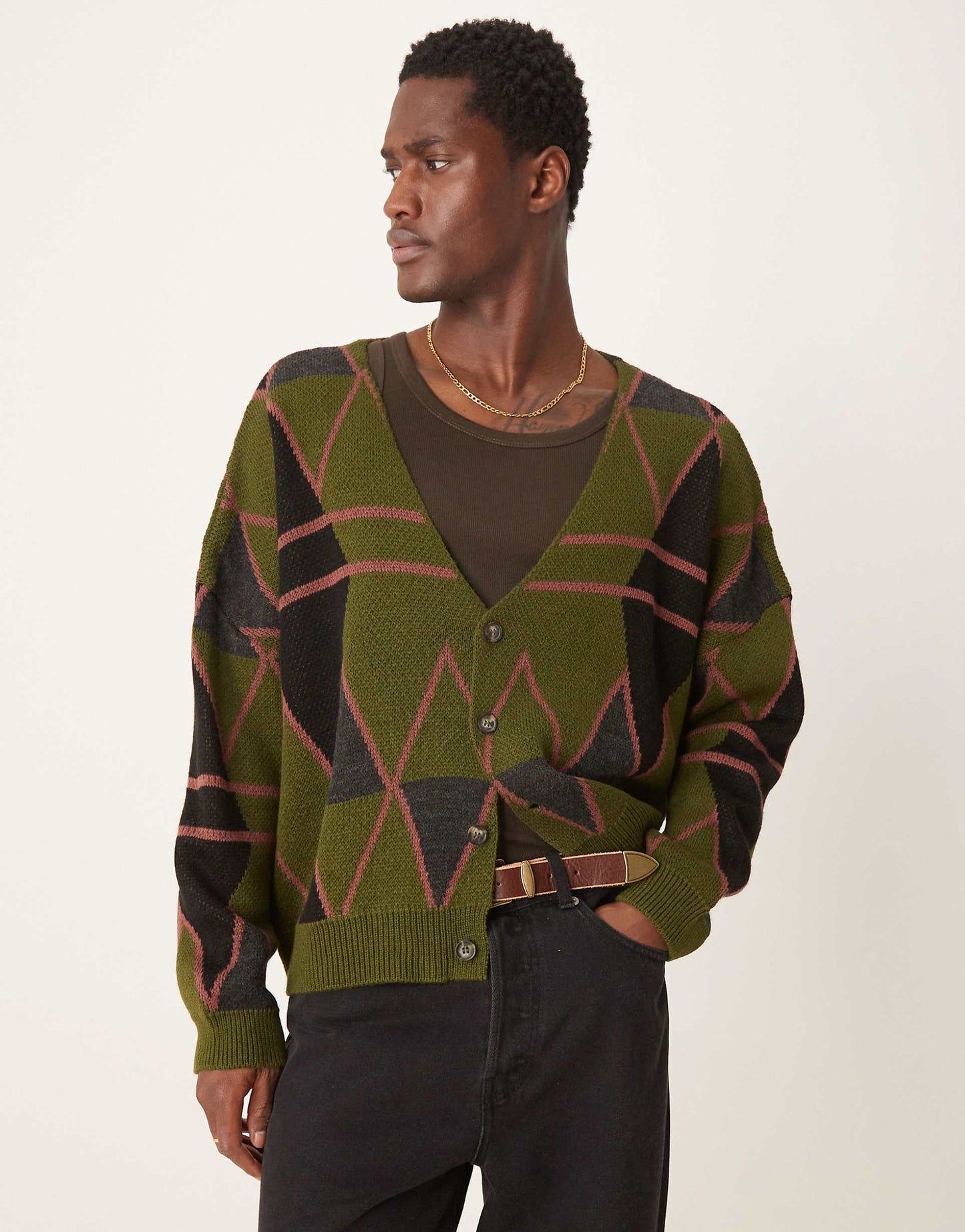 Knitted Cropped Argyle Cardigan