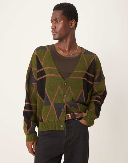 Knitted Cropped Argyle Cardigan