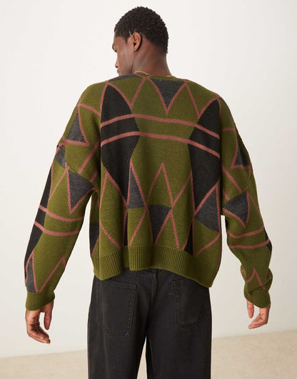 Knitted Cropped Argyle Cardigan