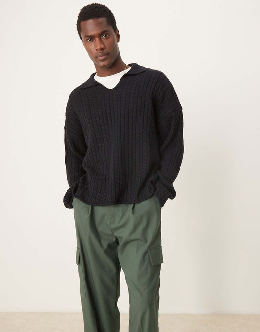 Knitted Oversized Boxy Dropped Shoulder Cable Knit Polo
