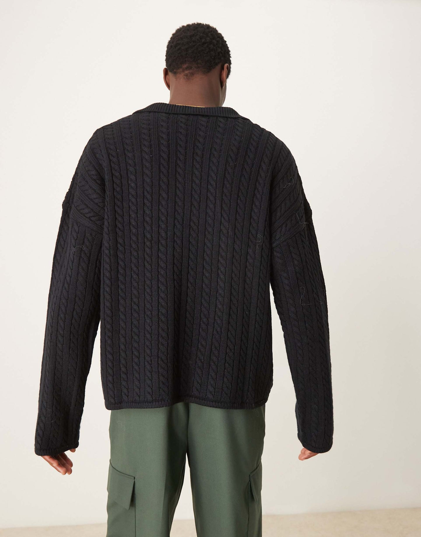 Knitted Oversized Boxy Dropped Shoulder Cable Knit Polo