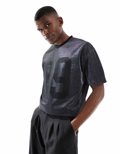 Crop Oversized V Neck T-Shirt With Number Front Print