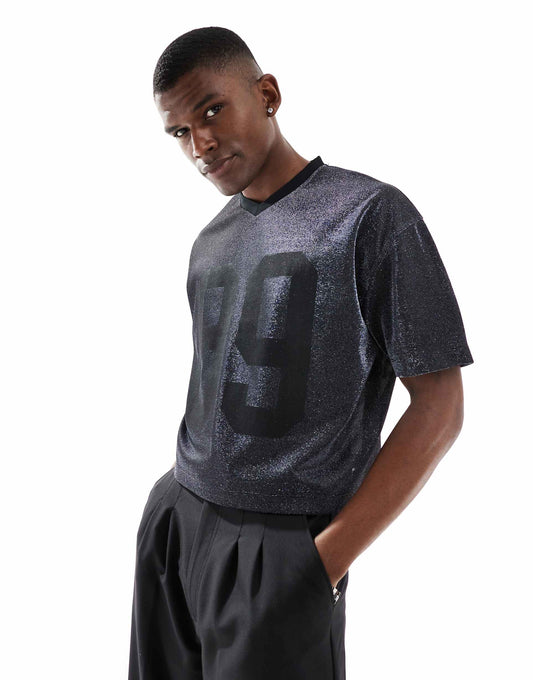 Crop Oversized V Neck T-Shirt With Number Front Print