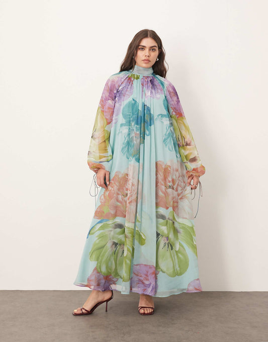 Curve Chiffon Trapeze Maxi Dress With Balloon Sleeves