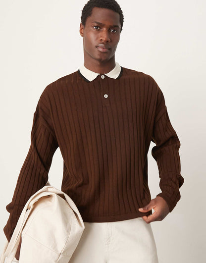 Knitted Oversized Boxy Long Sleeve Polo