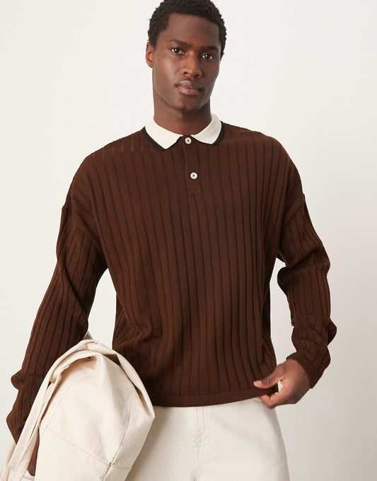 Knitted Oversized Boxy Long Sleeve Polo