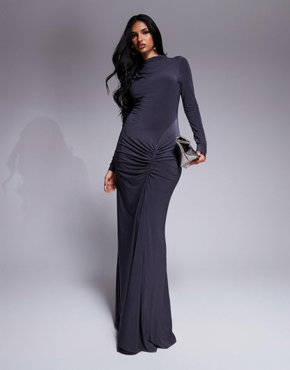 High Neck Slinky Maxi Dress With Ruched Skirt Detail