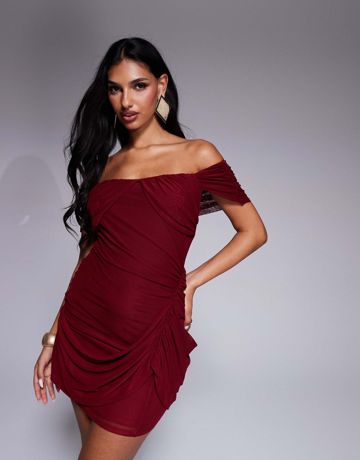 Mesh Mix Bardot Draped Mini Dress