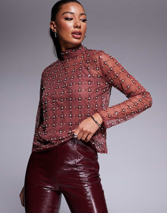 Sequin Mesh Long Sleeve Top