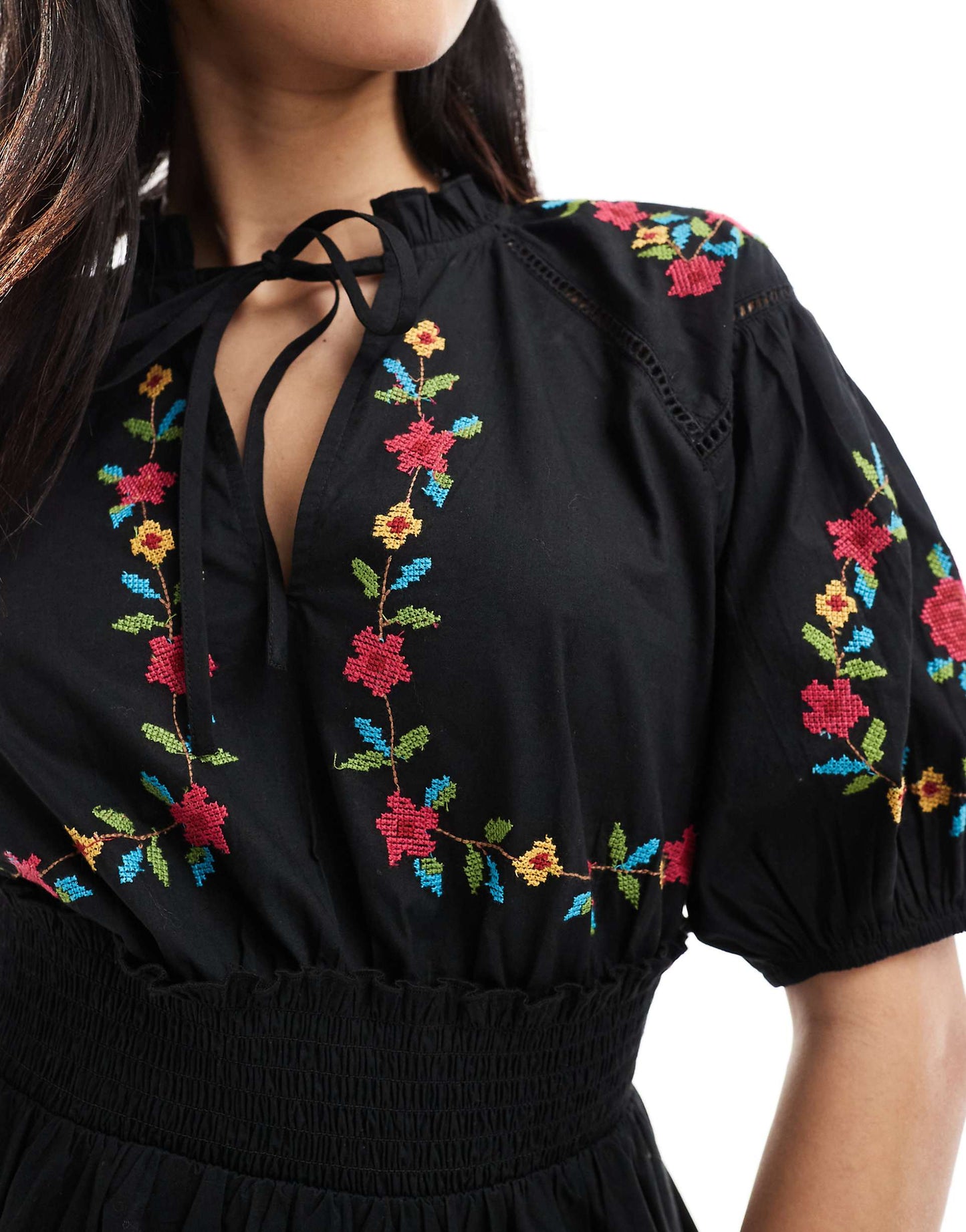 Embroidered Detail Waisted Mini Dress