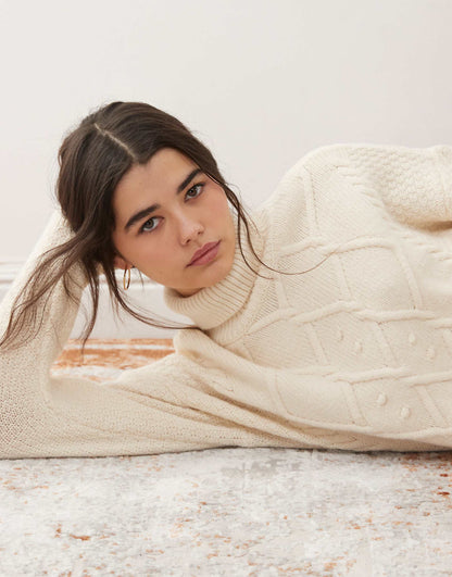 Turtle Neck Cable Jumper With Fringe