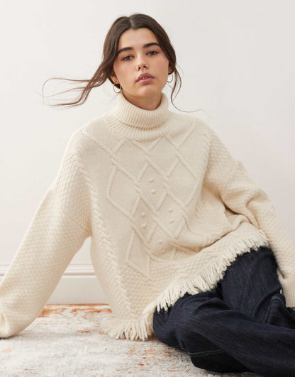 Turtle Neck Cable Jumper With Fringe