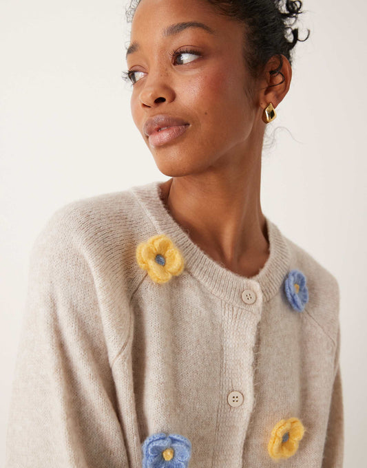 Fluffy Knit Raglan Cardigan With Handmade Flowers