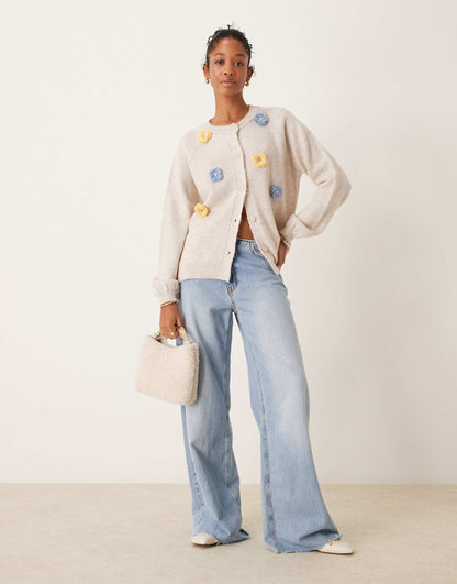 Fluffy Knit Raglan Cardigan With Handmade Flowers