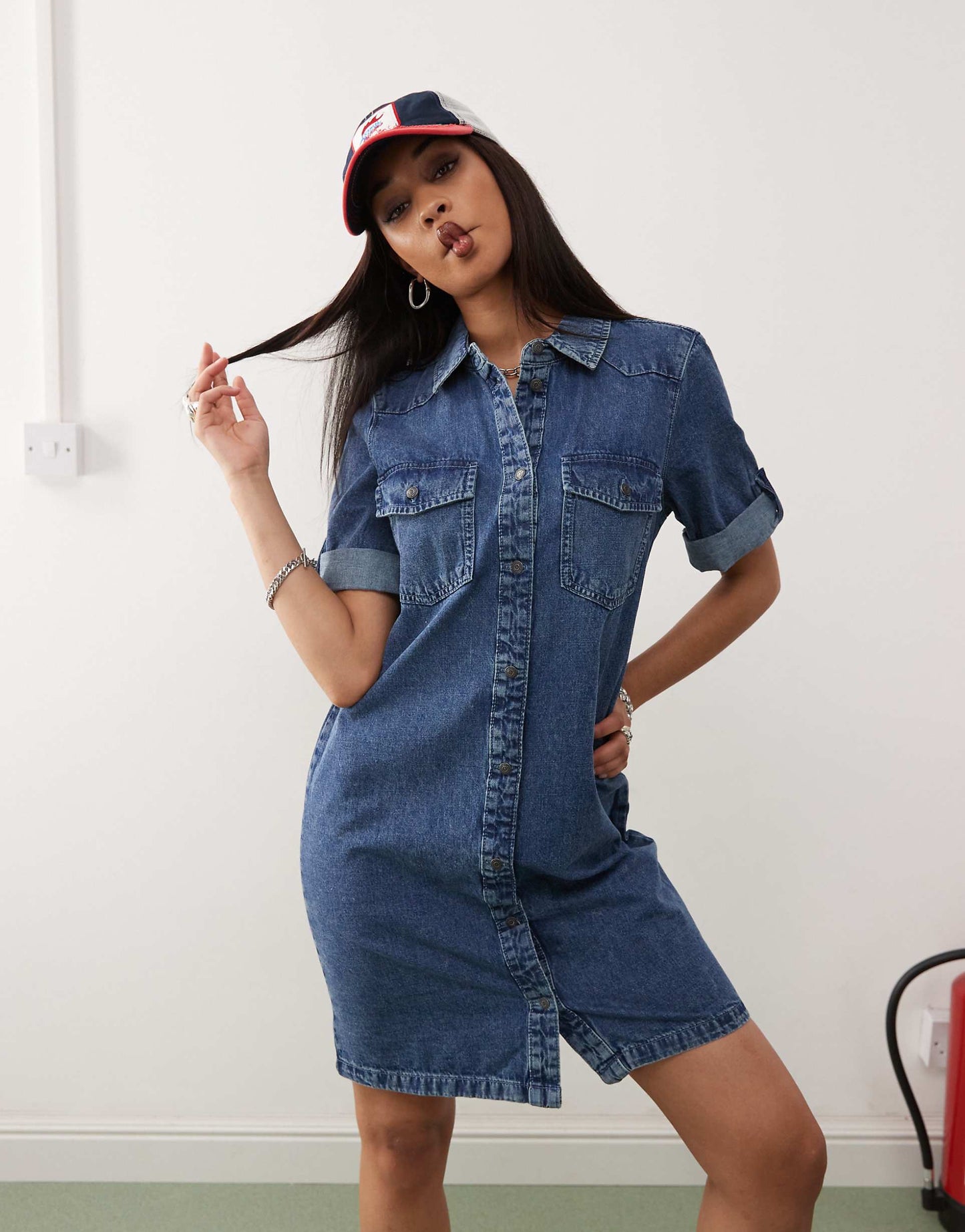 Rolled Sleeve Denim Mini Dress