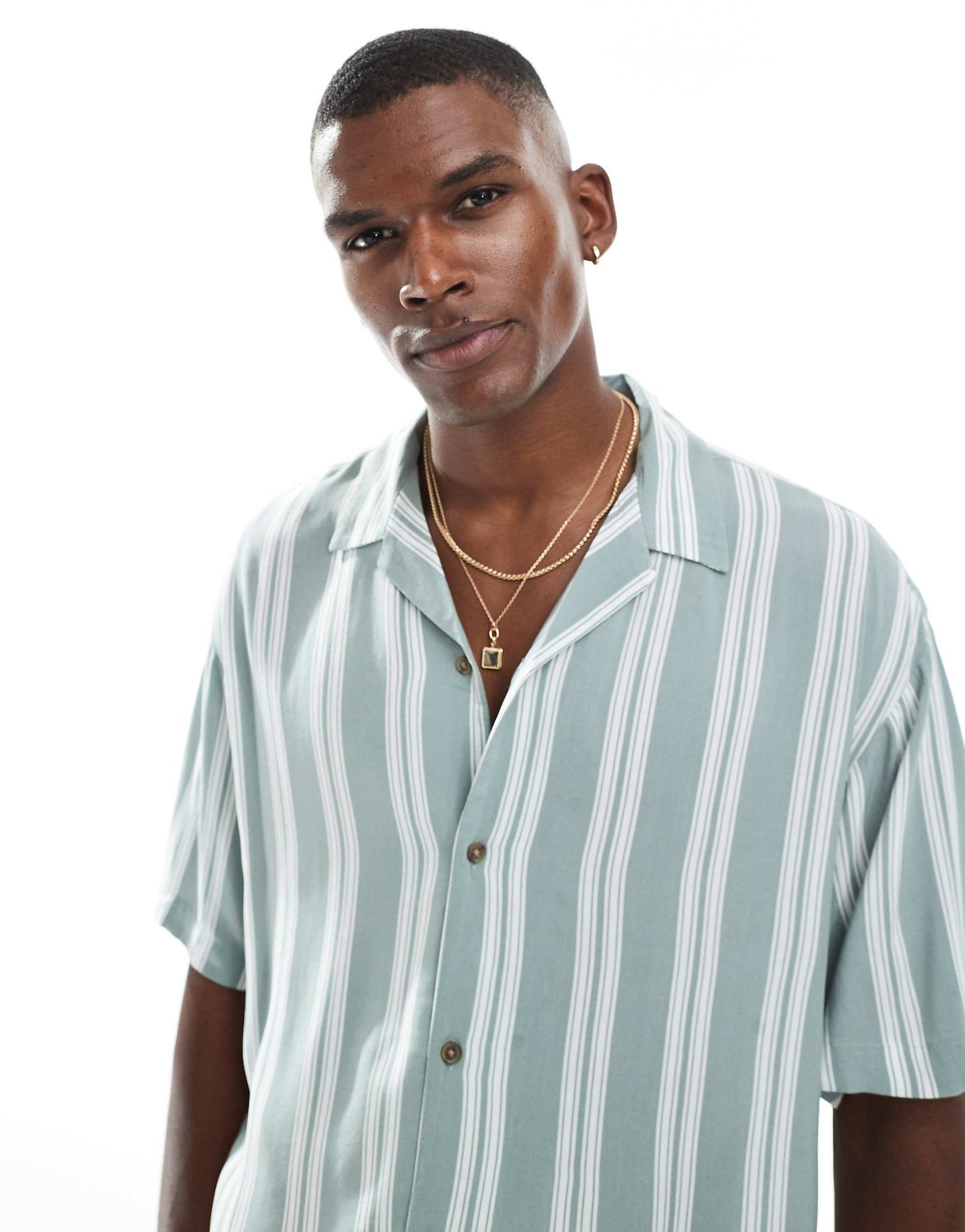 Revere Collar Striped Short Sleeve Shirt