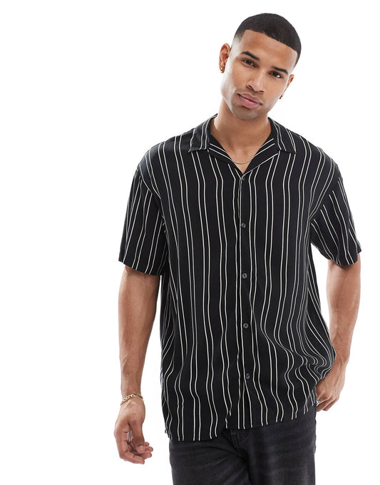 Revere Collar Striped Short Sleeve Shirt