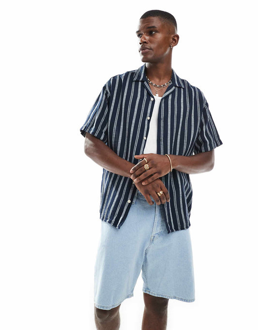 Revere Collar Textured Stripe Short Sleeve Shirt