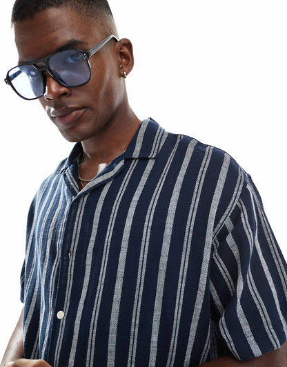 Revere Collar Textured Stripe Short Sleeve Shirt