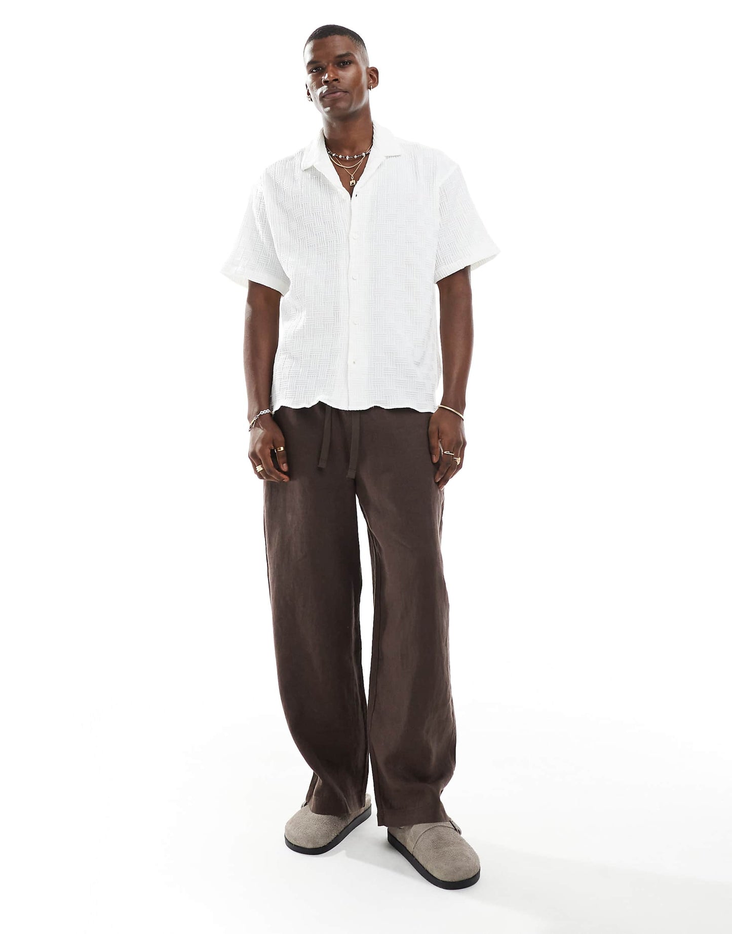 Revere Collar Textured Short Sleeve Shirt
