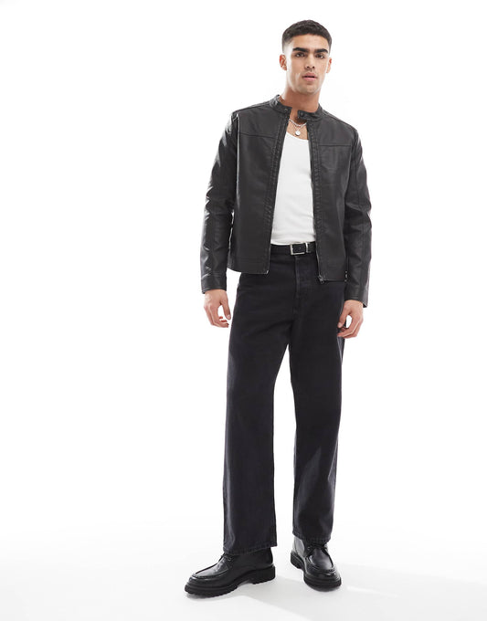 Washed Black Faux Leather Racer Jacket