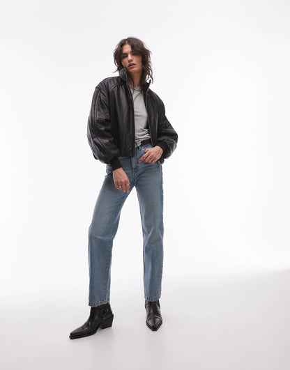 Rowan Leather Bomber Jacket With Funnel Collar